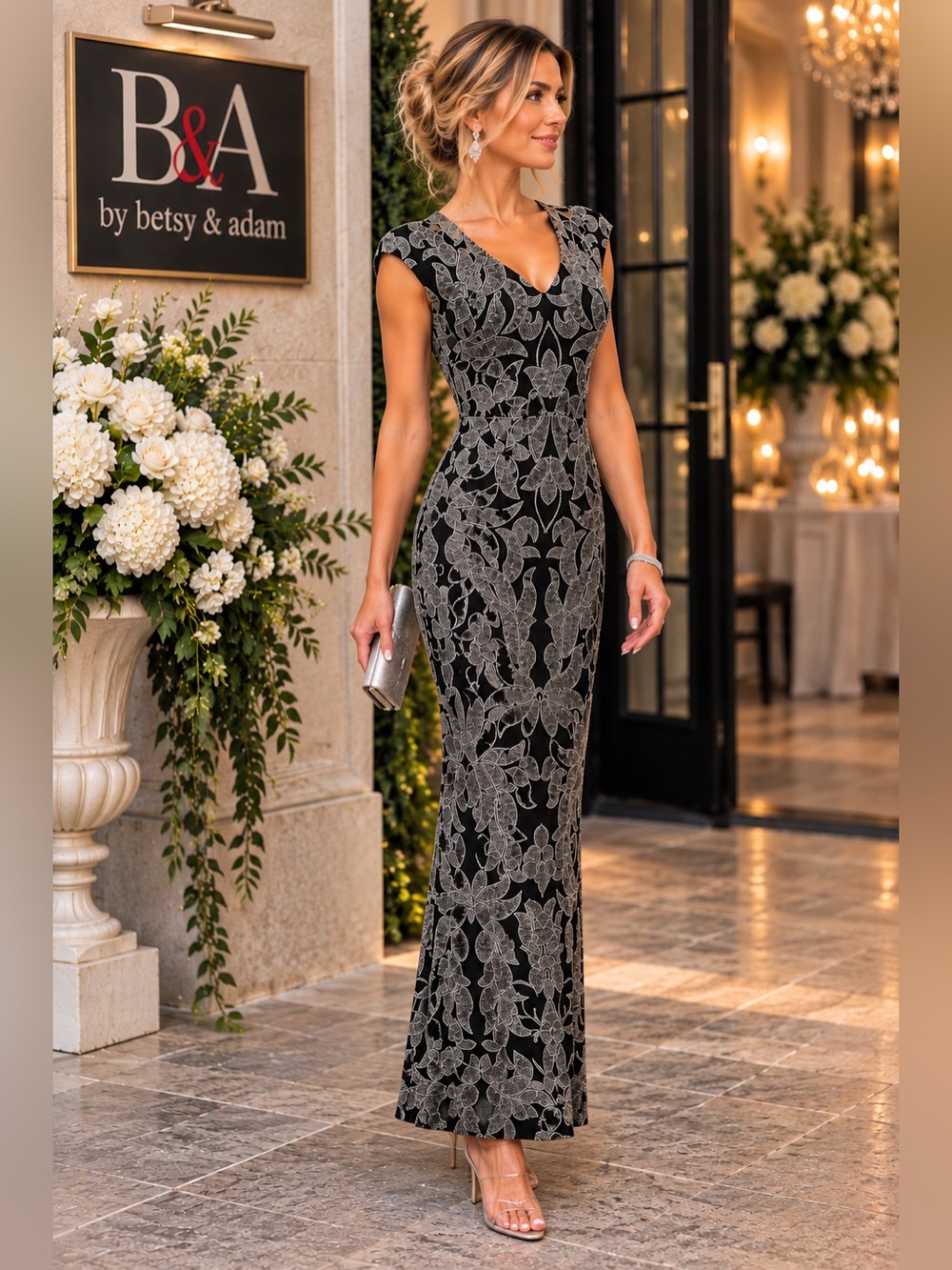 NWT,B&A by Betsy & Adam Embellished Beaded,Cap Sleeve,Glam,Cocktail Gown Size 2P